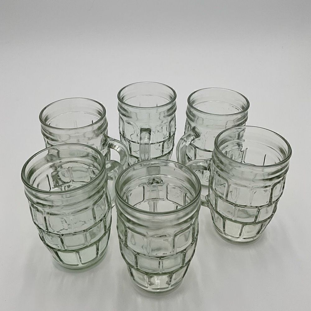 VINTAGE 70’s Green Glass Barrel Mugs Set of 6